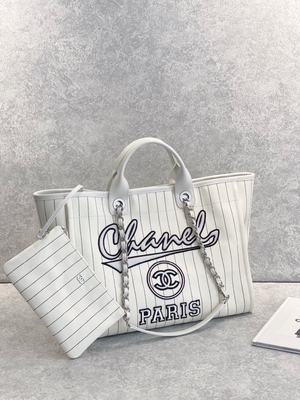 listra do preto de 30cm 23P Chanel Deauville Tote Bag White Ecru