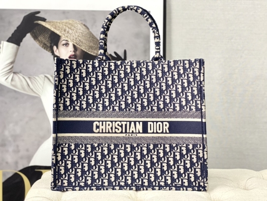 Mala a tiracolo marcada azul Christian Book Large de Dior Oblique Embroidery Canvas Navy