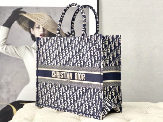 Mala a tiracolo marcada azul Christian Book Large de Dior Oblique Embroidery Canvas Navy