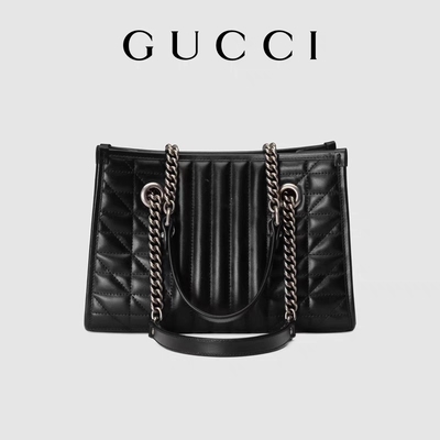 GG marcado feito sob encomenda Marmont Matelassé médio Tote Black Leather