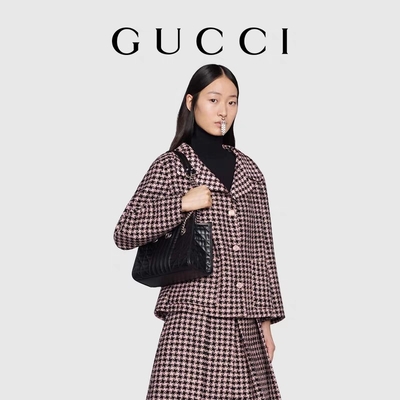 GG marcado feito sob encomenda Marmont Matelassé médio Tote Black Leather