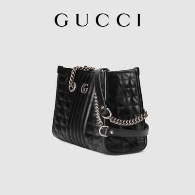 GG marcado feito sob encomenda Marmont Matelassé médio Tote Black Leather