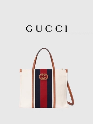 Lona branca Mini Blue Striped Tote Bag do algodão de Gucci que bloqueia G