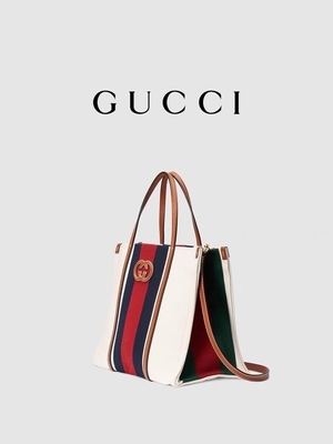 Lona branca Mini Blue Striped Tote Bag do algodão de Gucci que bloqueia G