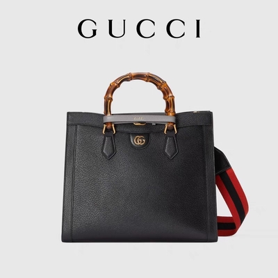 Punho médio de couro preto da princesa Diana Gucci Bag Tote Bamboo