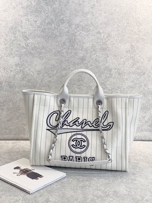 listra do preto de 30cm 23P Chanel Deauville Tote Bag White Ecru
