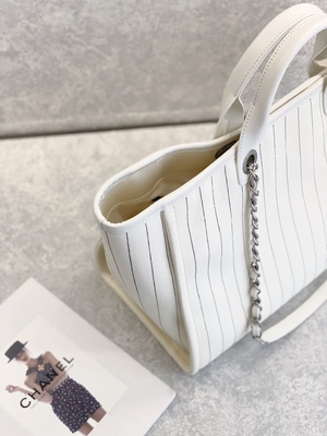 listra do preto de 30cm 23P Chanel Deauville Tote Bag White Ecru