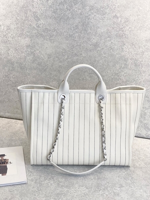 listra do preto de 30cm 23P Chanel Deauville Tote Bag White Ecru