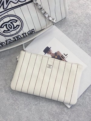 listra do preto de 30cm 23P Chanel Deauville Tote Bag White Ecru