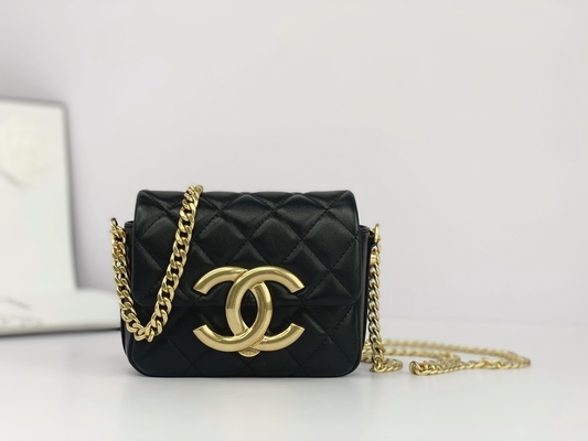 Mensageiro marcado de couro Bag Chanel Flap Phone Holder da pele de carneiro preta