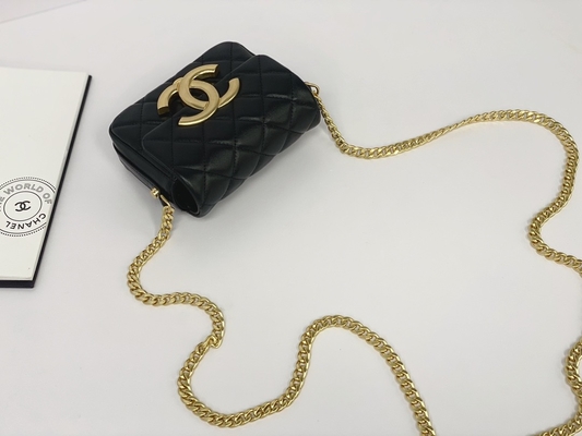 Mensageiro marcado de couro Bag Chanel Flap Phone Holder da pele de carneiro preta
