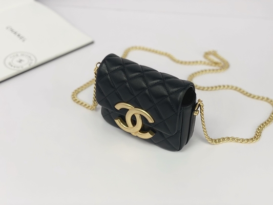 Mensageiro marcado de couro Bag Chanel Flap Phone Holder da pele de carneiro preta