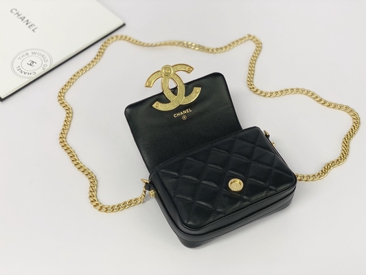 Mensageiro marcado de couro Bag Chanel Flap Phone Holder da pele de carneiro preta