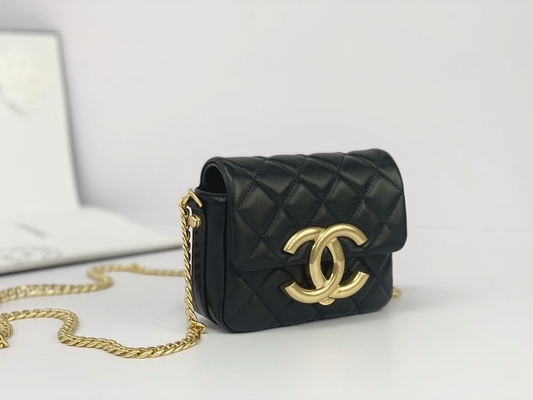 Mensageiro marcado de couro Bag Chanel Flap Phone Holder da pele de carneiro preta