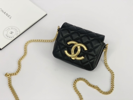 Mensageiro marcado de couro Bag Chanel Flap Phone Holder da pele de carneiro preta