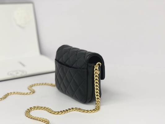 Mensageiro marcado de couro Bag Chanel Flap Phone Holder da pele de carneiro preta
